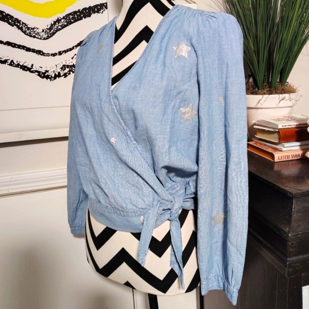 NWT J. Crew Denim Blue Chambray Wrap Blouse Indigo Star Print Women's XS NEW! - Picture 5 of 10